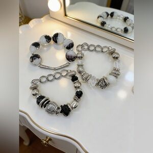 Midnight Elegance Black & Silver Charm Bracelets, 3 piece